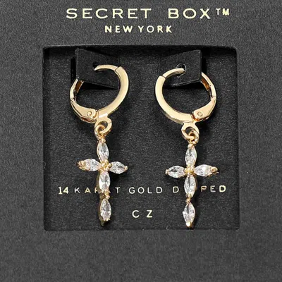 Fashnzfab Secret Box_14k Gold Dipped Marquise Cz Cross Charm Drop Huggie Hoop Earrings