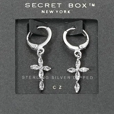 Fashnzfab Secret Box_14k Gold Dipped Marquise Cz Cross Charm Drop Huggie Hoop Earrings In Metallic