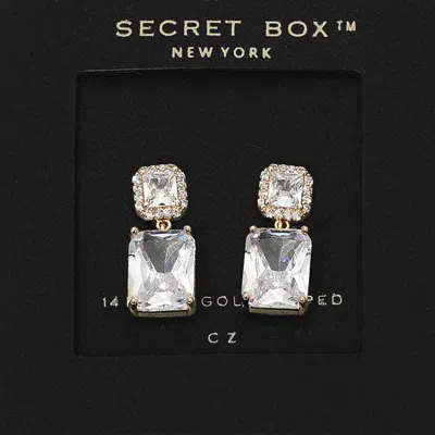 Fashnzfab Secret Box_14k Gold Dipped Rectangular Cz Cluster Drop Earrings In Metallic