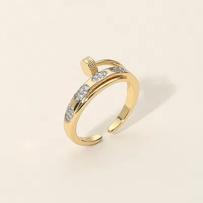 Fashnzfab Secret Box_14k Gold Dipped Rhinestone Pave Accented Nail Shaped Adjustable Ring