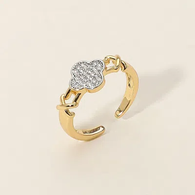 Fashnzfab Secret Box_14k Gold Dipped Rhinestone Paved Quatrefoil Accent Adjustable Ring - Gold