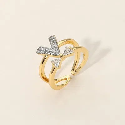 Fashnzfab Secret Box_14k Gold Dipped Rhinestone Paved V Bow Accent Adjustable Ring - Gold