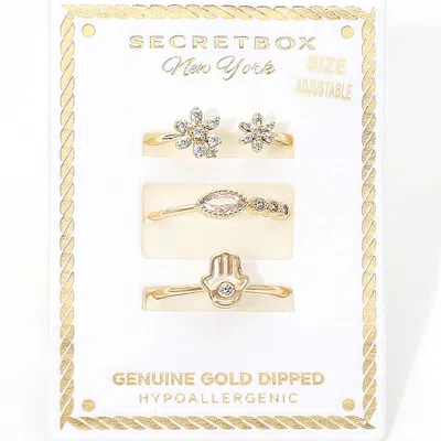 Fashnzfab Secret Box_3pcs Genuine Gold Dipped Stone Pave Floral Hamsa Hand Stackable Ring Set In Multi