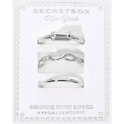 Fashnzfab Secret Box_3pcs Genuine Silver Dipped Baguette Stone Accent Stackable Fashion Ring Set - Silver