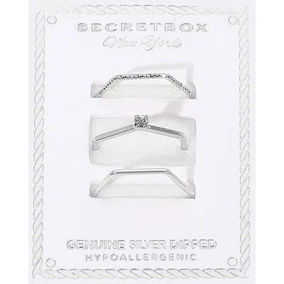 Fashnzfab Secret Box_3pcs Genuine Silver Dipped Dainty Geometric Stackable Fashion Ring Set - Silver In Metallic