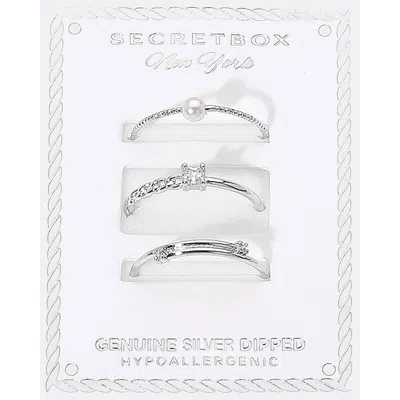 Fashnzfab Secret Box_3pcs Genuine Silver Dipped Dainty Stackable Fashion Ring Set - Silver In Metallic
