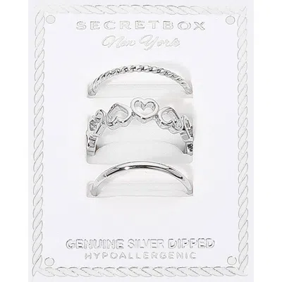 Fashnzfab Secret Box_3pcs Genuine Silver Dipped Heart Band Stackable Fashion Ring Set - Silver