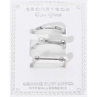 Fashnzfab Secret Box_3pcs Genuine Silver Dipped Pearl Accent Minimalist Stackable Fashion Ring Set - Silver In Metallic