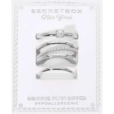 Fashnzfab Secret Box_3pcs Genuine Silver Dipped Pearl Accented Stackable Fashion Ring Set - Silver In Metallic