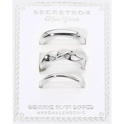 Fashnzfab Secret Box_3pcs Genuine Silver Dipped Sculptural Stackable Fashion Ring Set - Silver