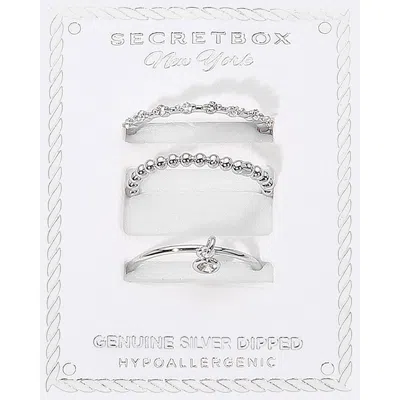Fashnzfab Secret Box_3pcs Genuine Silver Dipped Stone Accent Dainty Stackable Fashion Ring Set - Silver