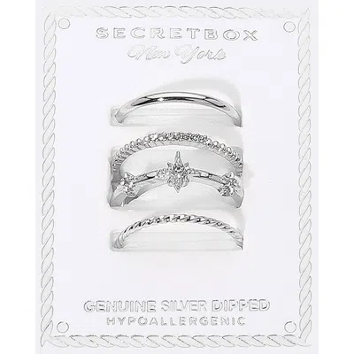 Fashnzfab Secret Box_3pcs Genuine Silver Dipped Stone Paved Starburst Stackable Fashion Ring Set - Silver