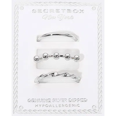Fashnzfab Secret Box_3pcs Genuine Silver Dipped Twisted Beaded Sleek Band Stackable Fashion Ring Set - Silver