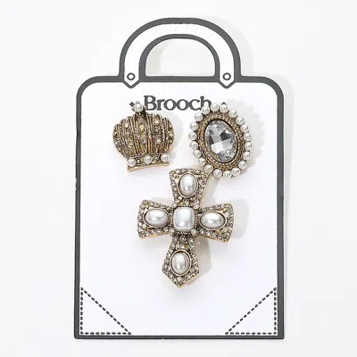 Fashnzfab Secret Box_3pcs Vintage Pearl Cross Regal Crown Oval Stone Brooch Set In Pattern
