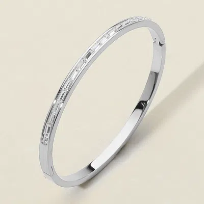 Fashnzfab Secret Box_baguette Stone Embellished Stainless Steel Hinged Bangle Bracelet Rhodium In Multi