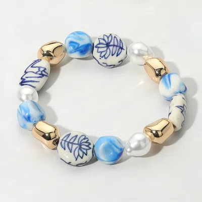 Fashnzfab Secret Box_brass Metal Ball Pearl Floral Printed Ceramic Beaded Stretch Bracelet Gold
