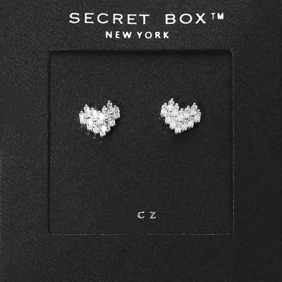 Fashnzfab Secret Box_cz Stone Paved Heart Stud Earrings - Silver