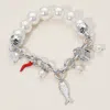 Fashnzfab Secret Box_fish Dice Chili Charm Pearl Beaded Stretch Bracelet Rhodium In Multi