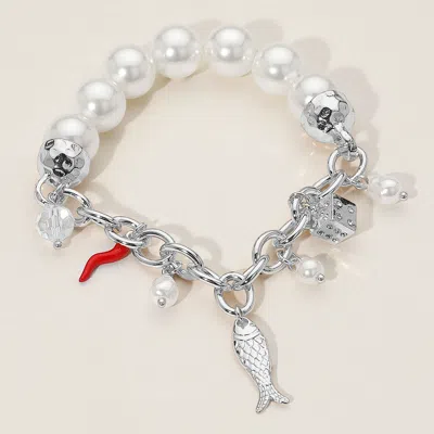 Fashnzfab Secret Box_fish Dice Chili Charm Pearl Beaded Stretch Bracelet Rhodium In Multi