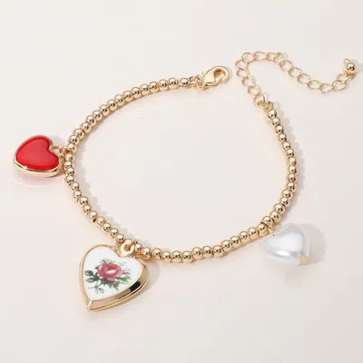 Fashnzfab Secret Box_flower Printed Ceramic Heart Locket Enamel Pearl Heart Charm Metal Ball Beaded Bracelet G In Gold