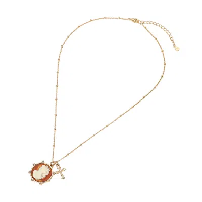 Fashnzfab Secret Box_genuine Gold Dipped Cross Charm Cameo Pendant Beaded Chain Necklace In Purple