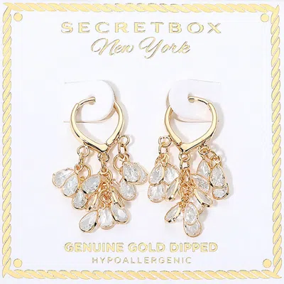 Fashnzfab Secret Box_genuine Gold Dipped Crystal Teardrop Charm Cluster Drop Huggie Hoop Earrings In Metallic