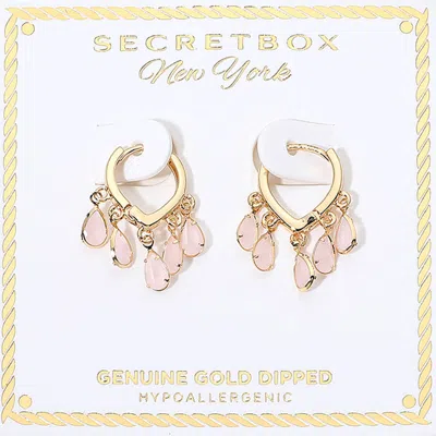 Fashnzfab Secret Box_genuine Gold Dipped Crystal Teardrop Charm Huggie Hoop Earrings In Pink