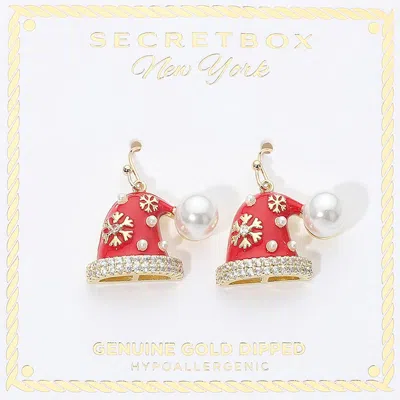 Fashnzfab Secret Box_genuine Gold Dipped Pearl Rhinestone Christmas Santa Hat Charm Drop Dangle Earrings