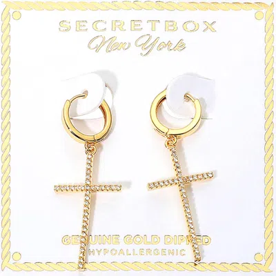 Fashnzfab Secret Box_genuine Gold Dipped Stone Pave Cross Charm Drop Mini Hoop Earrings