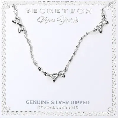 Fashnzfab Secret Box_genuine Silver Dipped Hypoallergenic Bow Charm Link Station Necklace In Metallic