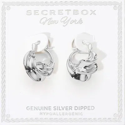 Fashnzfab Secret Box_genuine Silver Dipped Twist Pin Catch Hoop Earrings Silver In Metallic