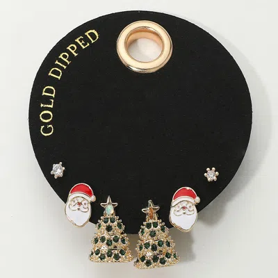 Fashnzfab Secret Box_gold Dipped Enamel Santa Stone Embellished Christmas Tree Stud Earring Set In Black