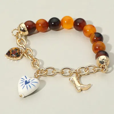 Fashnzfab Secret Box_heart Cowboy Boot Charm Beaded Bracelet Brown In Multi