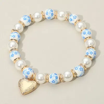 Fashnzfab Secret Box_heart Locket Charm Floral Ceramic Ball Pearl Beaded Stretch Bracelet Gold