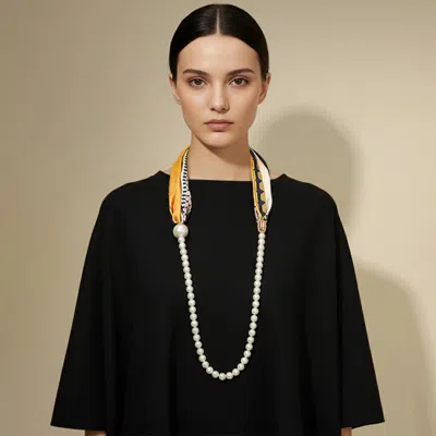 Fashnzfab Secret Box_pattern Print Fabric Scarf Pearl Magnetic Necklace - Yellow