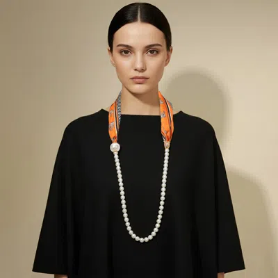 Fashnzfab Secret Box_pattern Print Fabric Scarf Pearl Magnetic Necklace In Orange