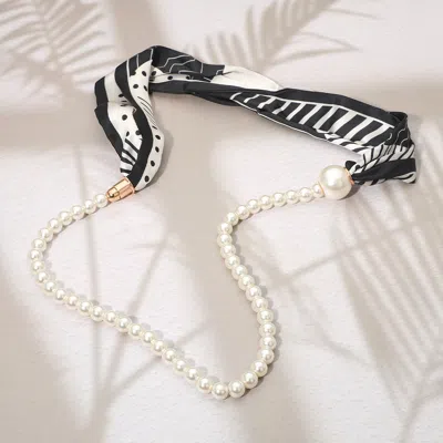Fashnzfab Secret Box_pattern Print Fabric Scarf Pearl Magnetic Necklace In White