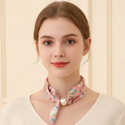 Fashnzfab Secret Box_pearl Accent Floral Fabric Scarf Magnetic Necklace In Pink