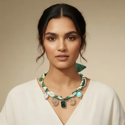 Fashnzfab Secret Box_pearl Coin Emerald Cut Stone Cluster Charm Station Fabric Scarf Necklace - Gold