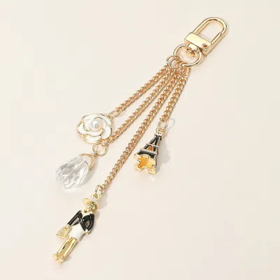 Fashnzfab Secret Box_pearl Enamel Flower Eiffel Tower Lady Stone Charm Drop Chain Bag Charm / Keychain In Gold