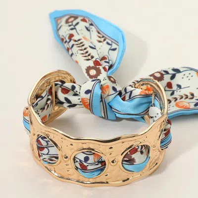 Fashnzfab Secret Box_printed Fabric Scarf Hammered Stainless Steel Open Work Cuff Bracelet In Brown