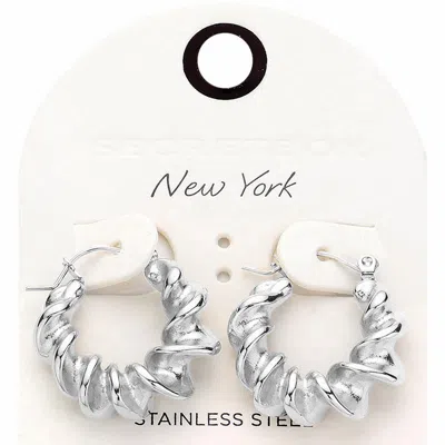 Fashnzfab Secret Box_spiral Stainless Steel Pin Catch Hoop Earrings - Rhodium In Silver