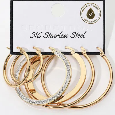 Fashnzfab Secret Box_stainless Steel 3 Pair Studded Pin Catch Hoop Earring Set In Silver