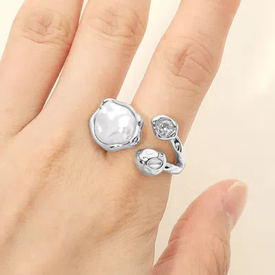 Fashnzfab Secret Box_stainless Steel Abstract Pearl Crystal Accent Open Adjustable Ring In Yellow