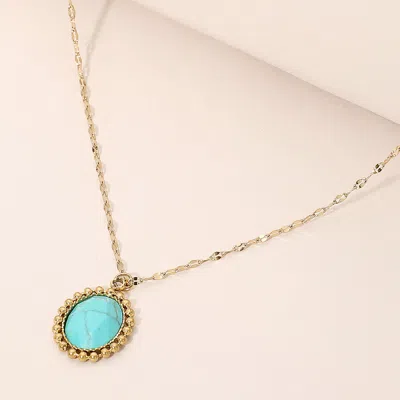 Fashnzfab Secret Box_stainless Steel Beaded Trim Oval Stone Pendant Necklace In Gold