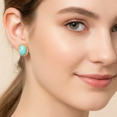 Fashnzfab Secret Box_stainless Steel Beaded Trim Oval Stone Stud Earrings In Green