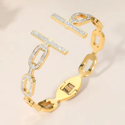 Fashnzfab Secret Box_stainless Steel Bold Rhinestone Pave Bar Tip Oval Link Hinged Cuff Bracelet In Gold