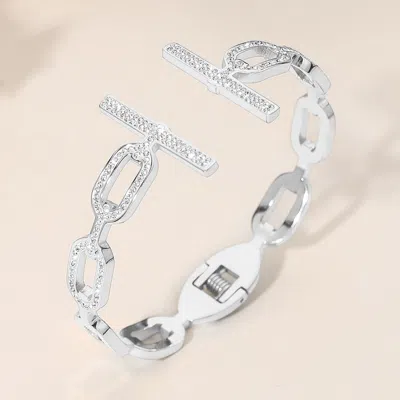 Fashnzfab Secret Box_stainless Steel Bold Rhinestone Pave Bar Tip Oval Link Hinged Cuff Bracelet In Multi