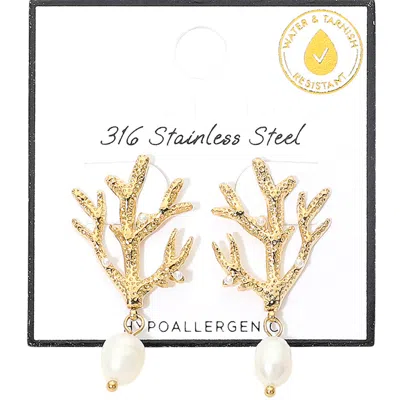 Fashnzfab Secret Box_stainless Steel Branch Pearl Drop Earrings In Gold