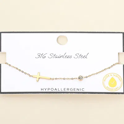 Fashnzfab Secret Box_stainless Steel Cross Charm Stone Bezel Link Bracelet In Gold
